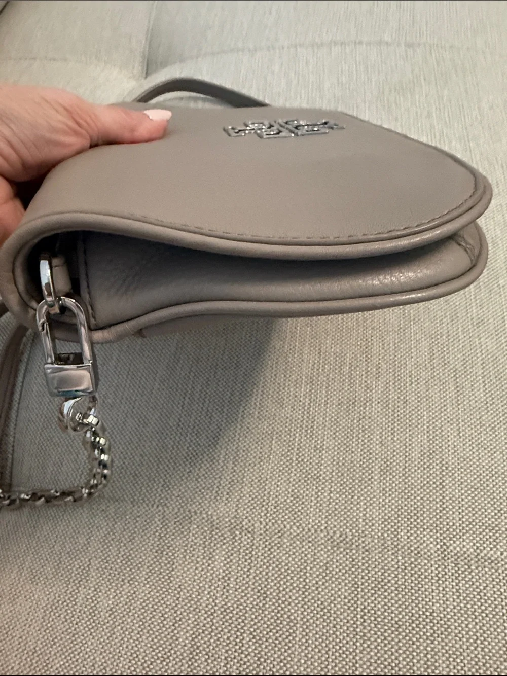Tory Burch Beige Leather Crossbody Clutch with rare Silver Logo
